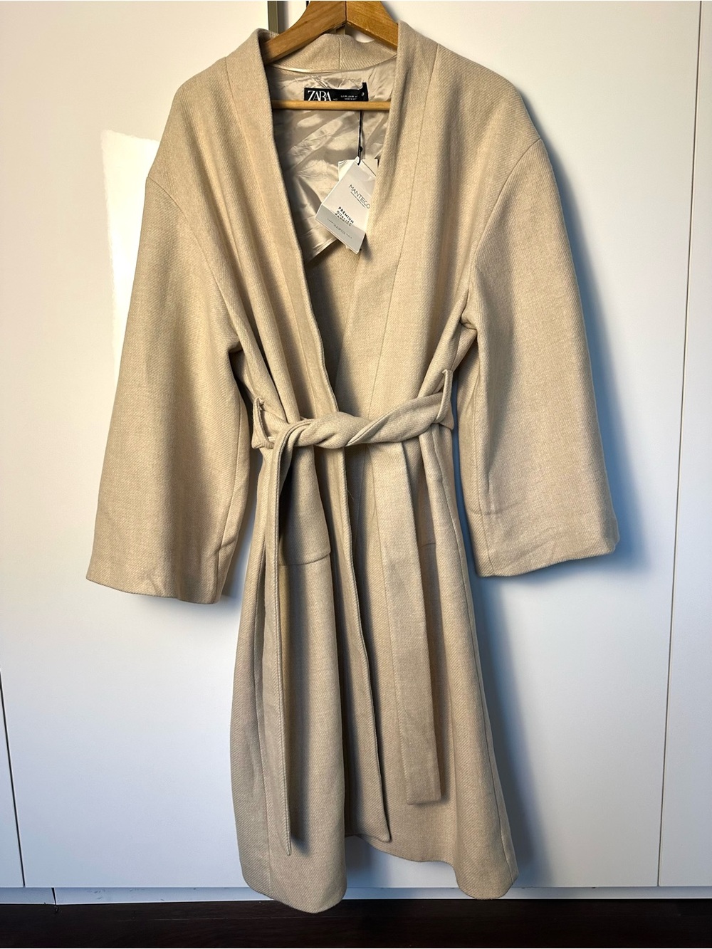 Zara Manteco Italian Wool Blend Belted Long trench Coat Cream M NWT